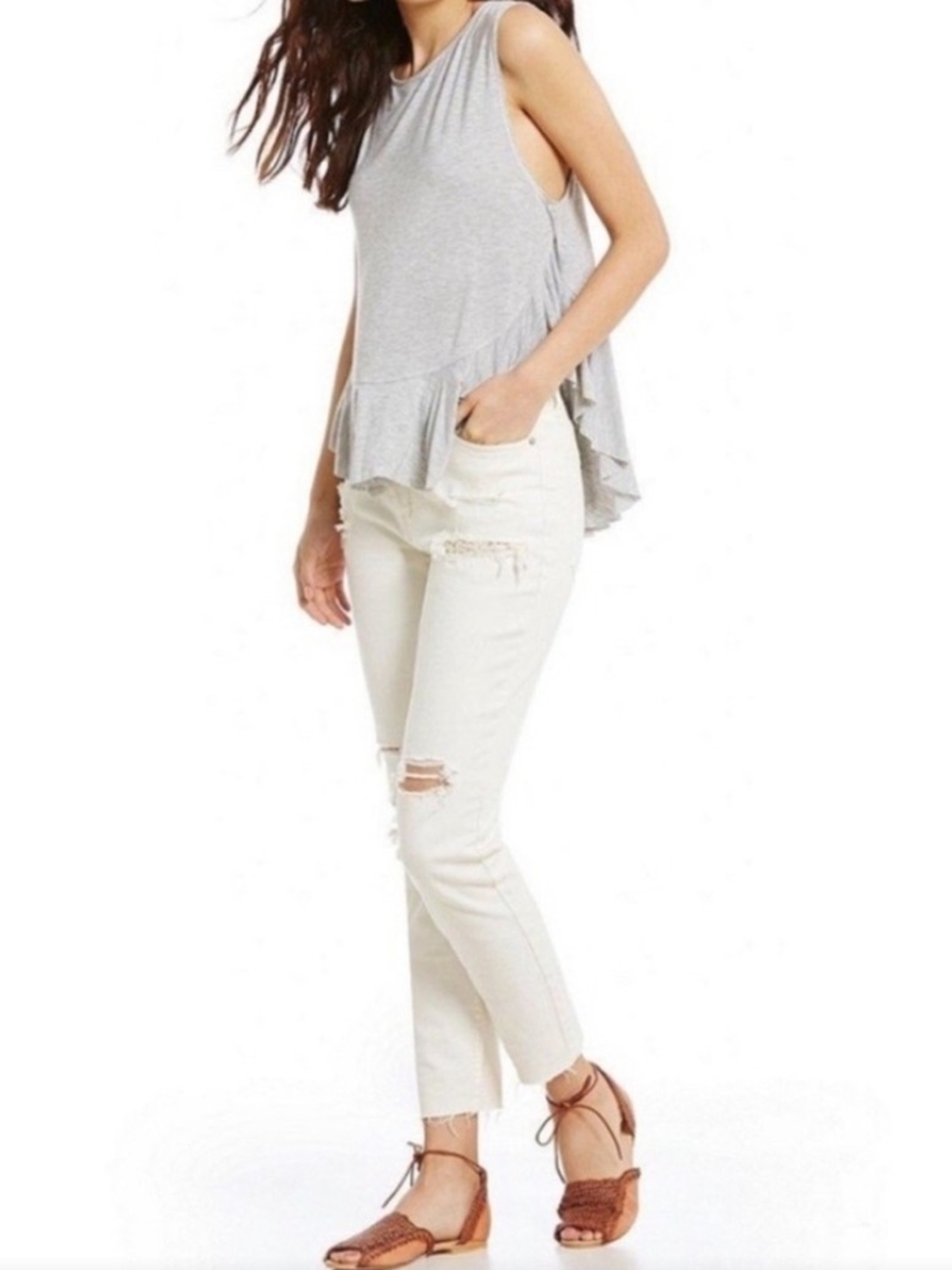 Free People White Stilt Distressed Skinny Cropped Jeans W Crochet Patches W 27